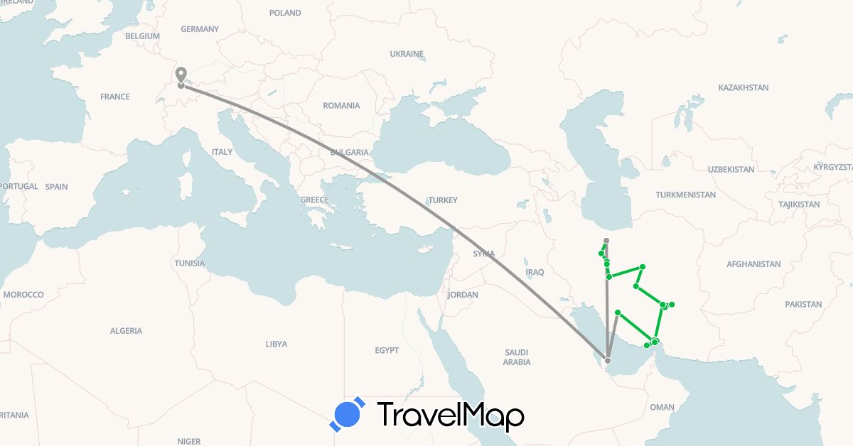 TravelMap itinerary: driving, bus, plane in Switzerland, Iran, Qatar (Asia, Europe)